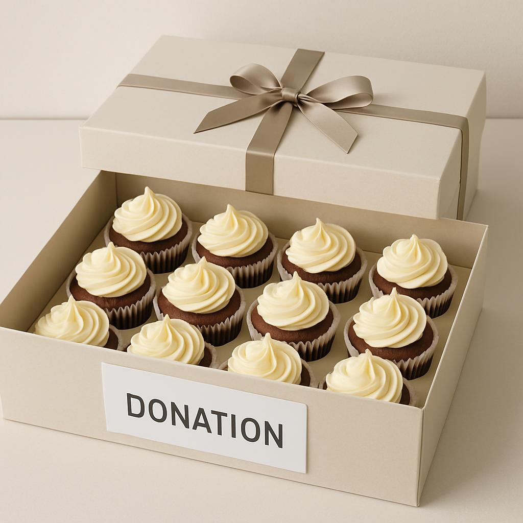 A white box filled with 12 cupcakes, each topped with white frosting, with a beige ribbon on top, set against a white back...